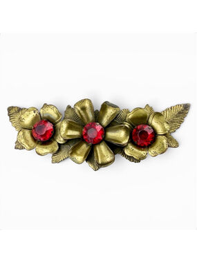 Vintage 1940s 1950s Floral Brooch Sash Pin 4” Large Red Plastic Rhinestone